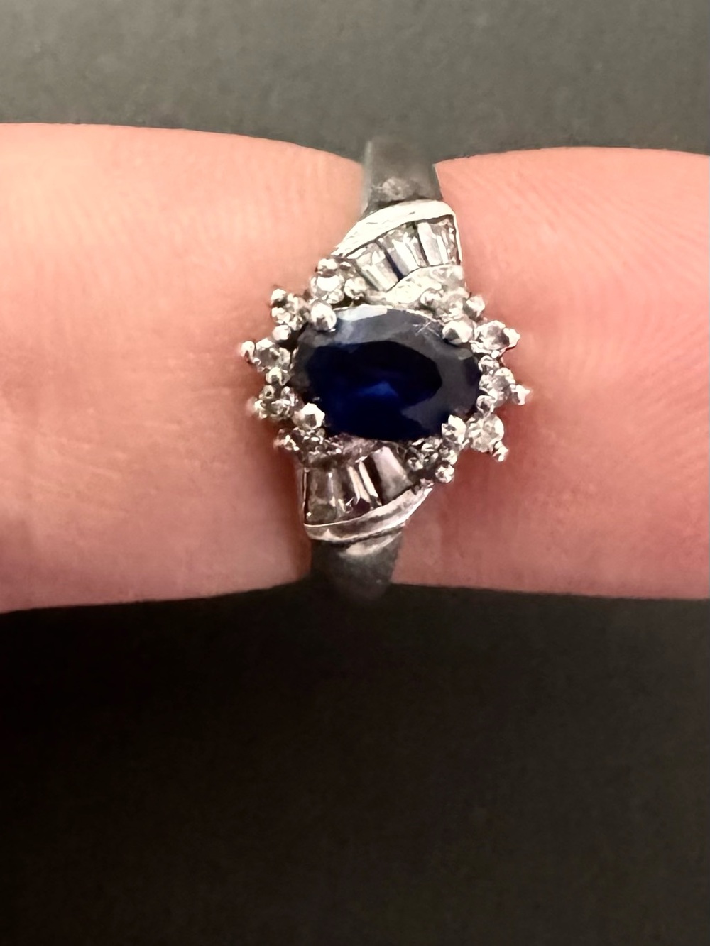 Vintage Blue Sapphire Halo Ring 925 Sterling Silver Art Deco Engagement